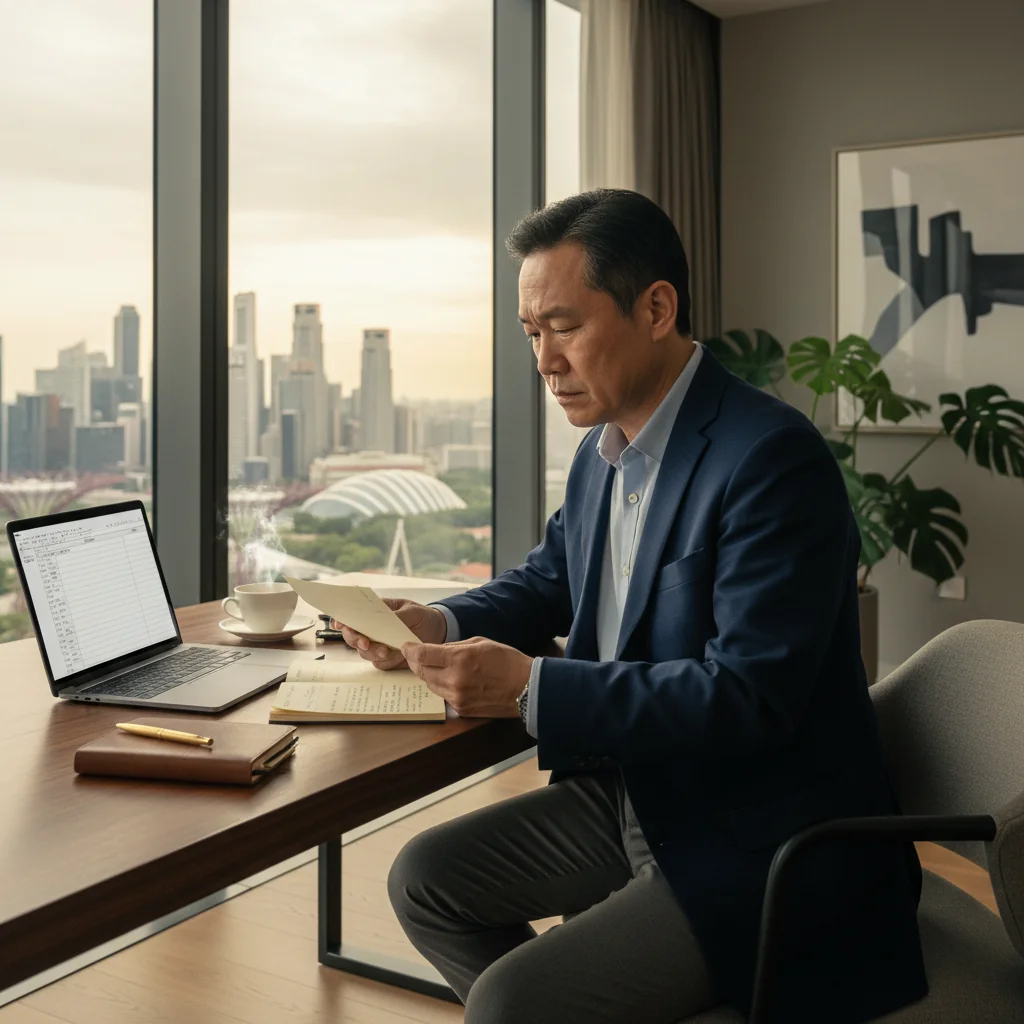 A photorealistic image representing the concept of modifying a will or inheritance in Singapore, showing a thoughtful adult Singaporean family member reviewing estate planning notes at a modern home office desk with subtle Singapore skyline in the background through a window, symbolizing legal variation of inheritance without depicting any documents.