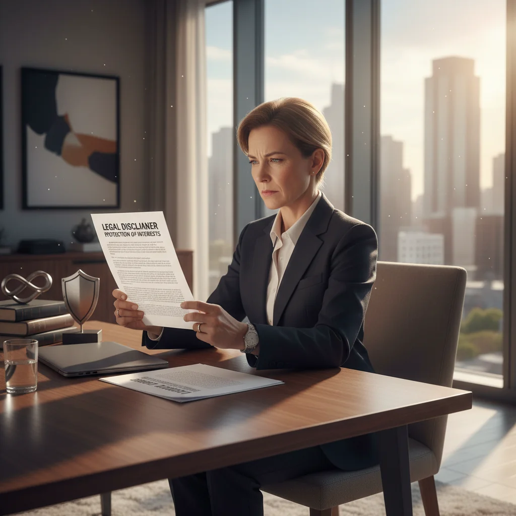 A photorealistic image of a professional adult in a modern office setting, thoughtfully reviewing legal papers on a desk, symbolizing the careful consideration and protection of interests in legal disclaimers, with no children present.