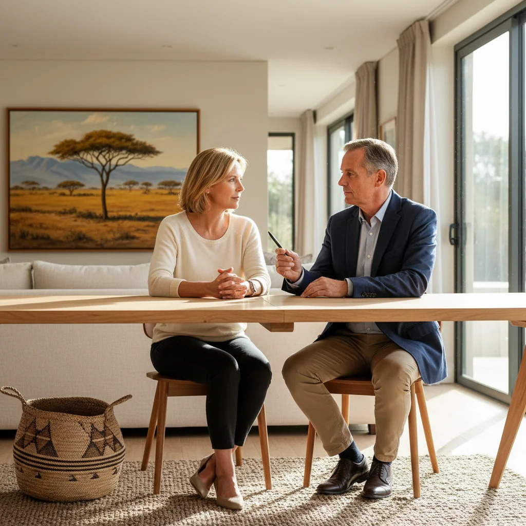 A photorealistic image of two middle-aged adults, a man and a woman, sitting at a wooden table in a sunlit living room, engaged in a serious discussion over inheritance matters, with subtle family photos in the background, conveying trust and legacy planning in a South African home setting.