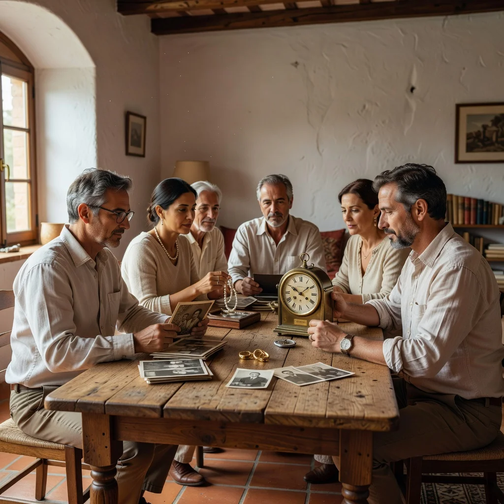 A photorealistic image representing the concept of inheritance partition in Spain, showing a diverse group of adult family members in a warm living room discussing and sharing family heirlooms like antique furniture and photos, symbolizing equitable division of assets among heirs, with subtle Spanish cultural elements in the background.
