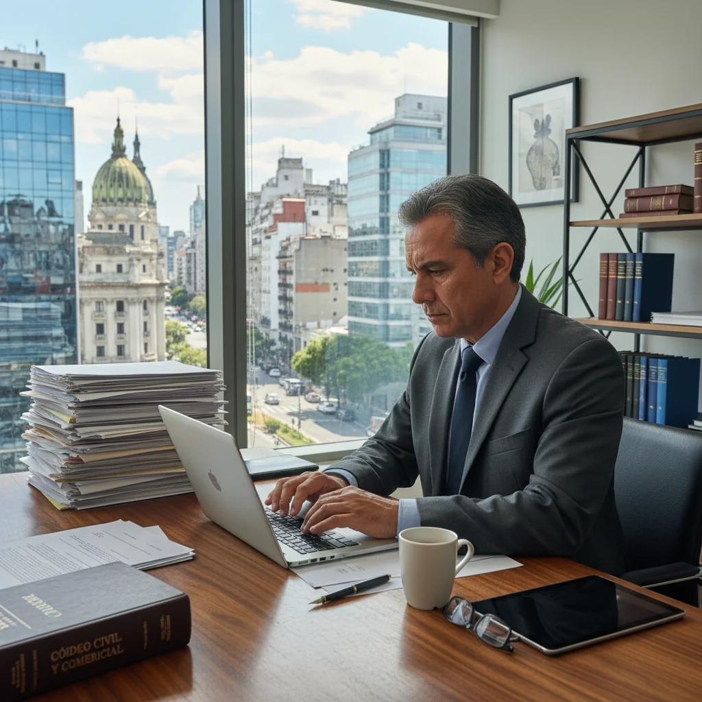 A photorealistic image of a professional adult lawyer in a modern Argentine office, reviewing and modifying important legal documents on a computer, symbolizing the process of escritura de modificación for legal changes in Argentina. The scene conveys professionalism, focus, and legal expertise, with subtle Argentine elements like a flag or map in the background. No children are present in the image.