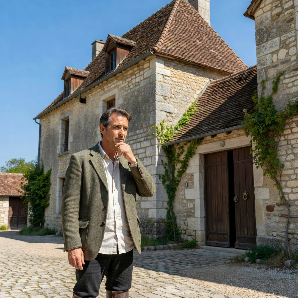 A photorealistic image symbolizing the decision to renounce an inheritance in France, showing an adult person thoughtfully looking at a family estate like an old house in a French countryside setting, evoking themes of legacy and choice without displaying any documents.