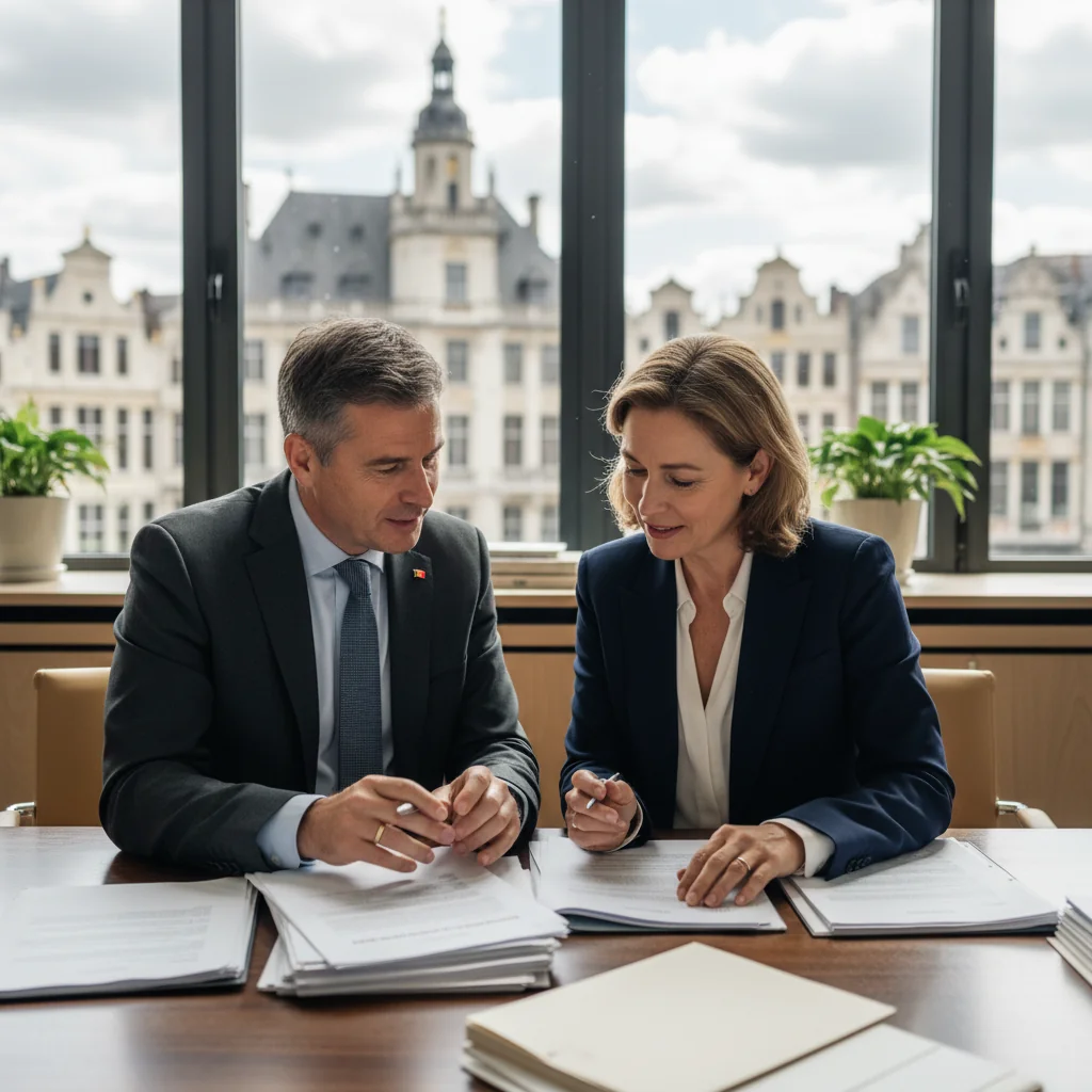 A photorealistic image of a professional couple in a modern Belgian office setting, reviewing and signing variation documents together, symbolizing legal updates to agreements, with subtle Belgian landmarks in the background.
