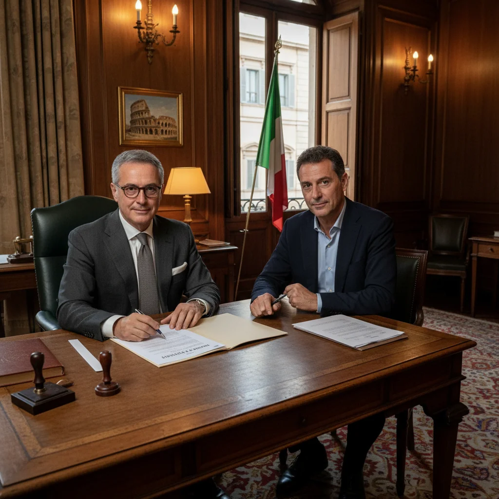 A photorealistic image of an Italian notary or lawyer in a professional office setting, reviewing legal documents with a satisfied adult client, symbolizing the modification and updating of legal agreements in Italy. The scene conveys trust, professionalism, and legal resolution without showing any children.