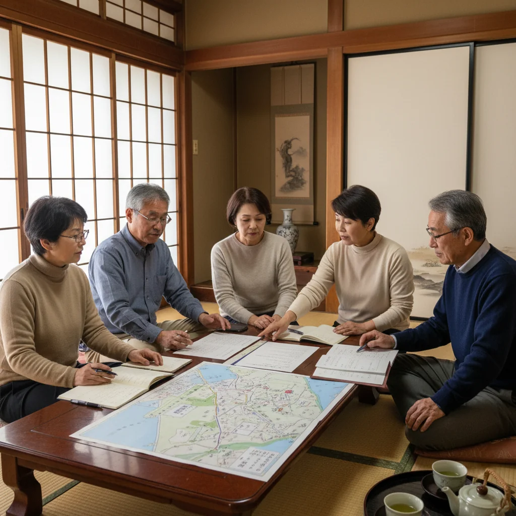 A photorealistic image of a diverse group of adult Japanese family members in their 50s and 60s gathered around a traditional low wooden table in a serene Japanese living room, engaged in a calm and respectful discussion about inheritance matters. They are looking at papers and maps on the table, symbolizing the division of family assets, with warm lighting from a paper lantern, evoking unity and thoughtful resolution. No children are present in the scene.