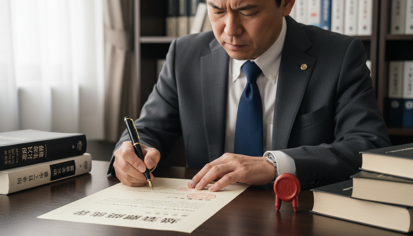 Signing Japanese inheritance agreement.