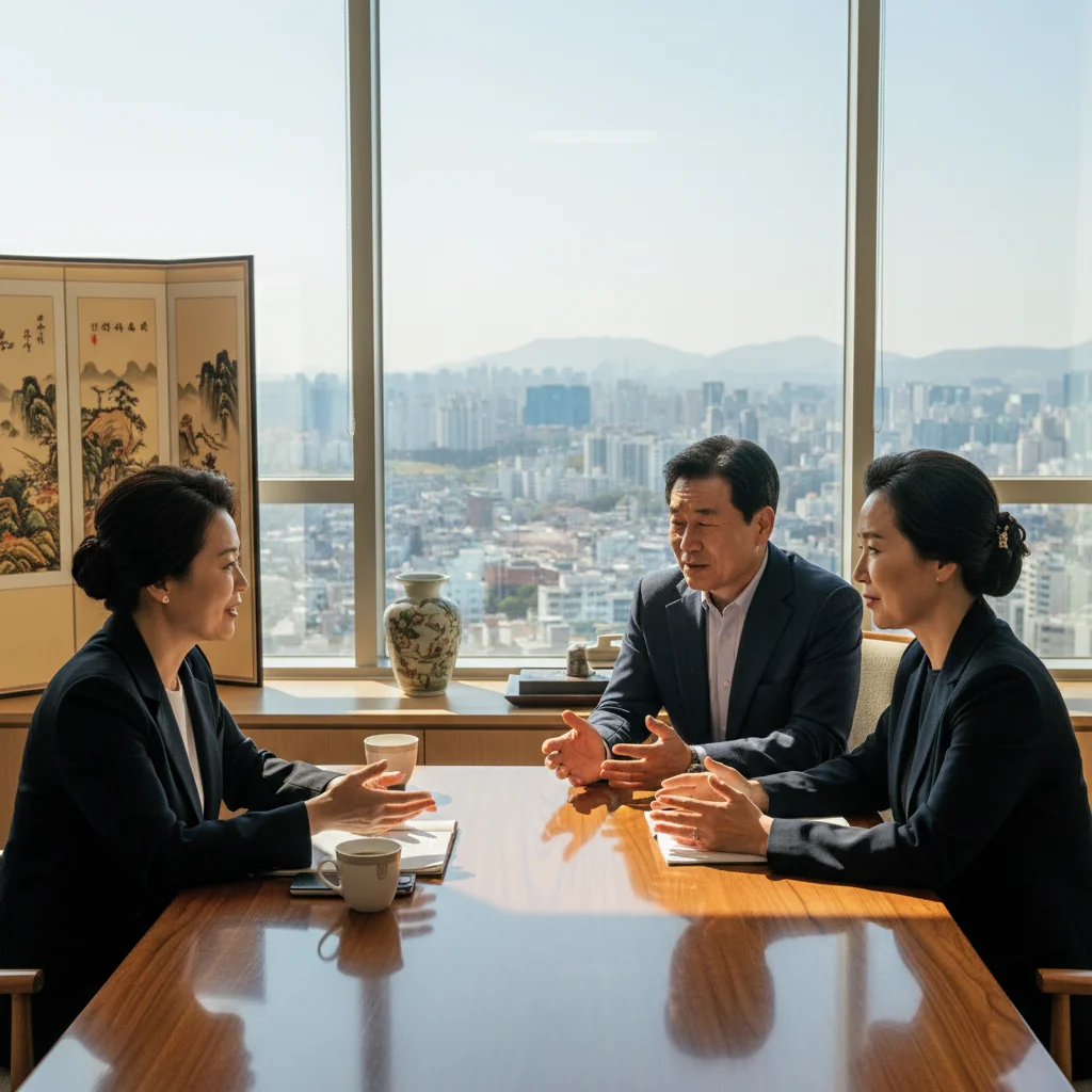 A photorealistic image depicting a diverse group of middle-aged adults, such as a family or siblings, engaged in a calm and professional discussion around a wooden table in a modern Korean living room, symbolizing the negotiation and agreement process for inheritance division, with subtle Korean cultural elements like traditional decor in the background, conveying unity, resolution, and legal harmony without showing any documents or children.