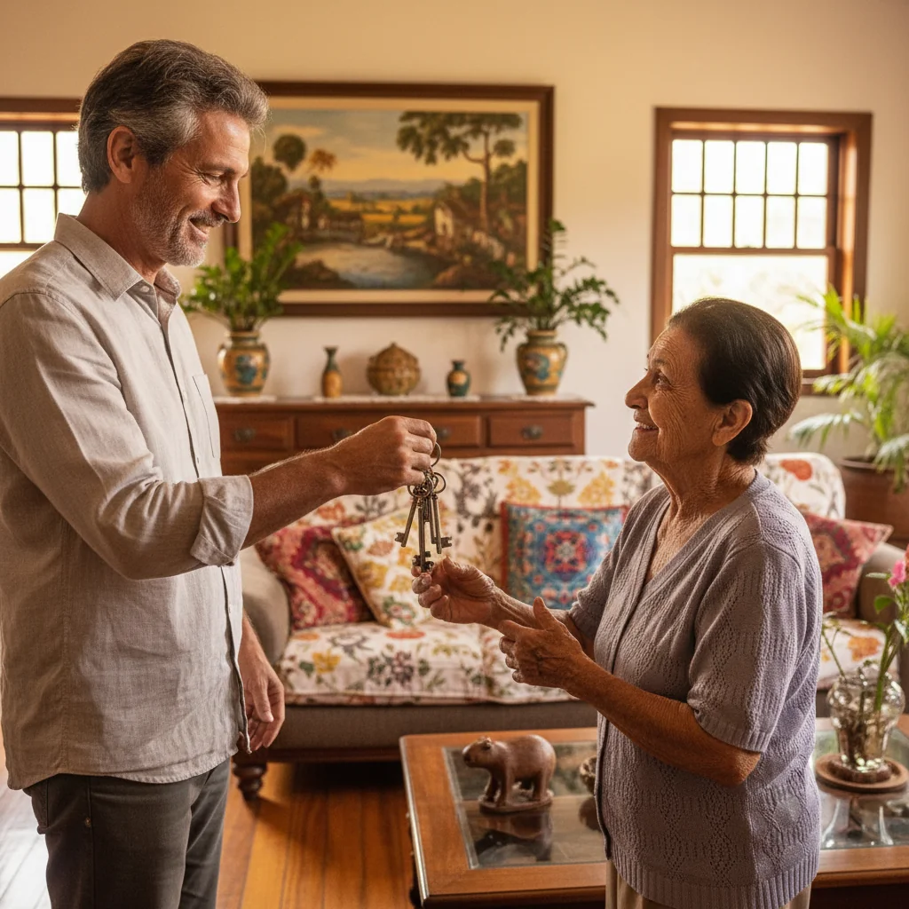 A photorealistic image of a middle-aged Brazilian couple in a warmly lit living room, smiling as they hand over a set of house keys to an elderly family member, symbolizing the act of donating property and assets with joy and generosity. The scene conveys family trust and legacy passing, with Brazilian cultural elements like artwork in the background. No children are present.