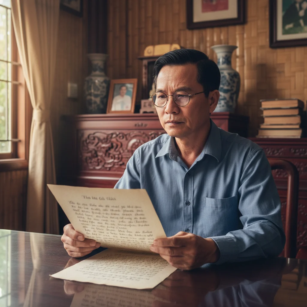 A photorealistic image of a thoughtful adult Vietnamese man in his 50s, sitting at a wooden desk in a traditional Vietnamese home, reviewing a handwritten will document with a calm and contemplative expression, surrounded by subtle family photos of adults on the wall, symbolizing legacy and inheritance planning, no children present.