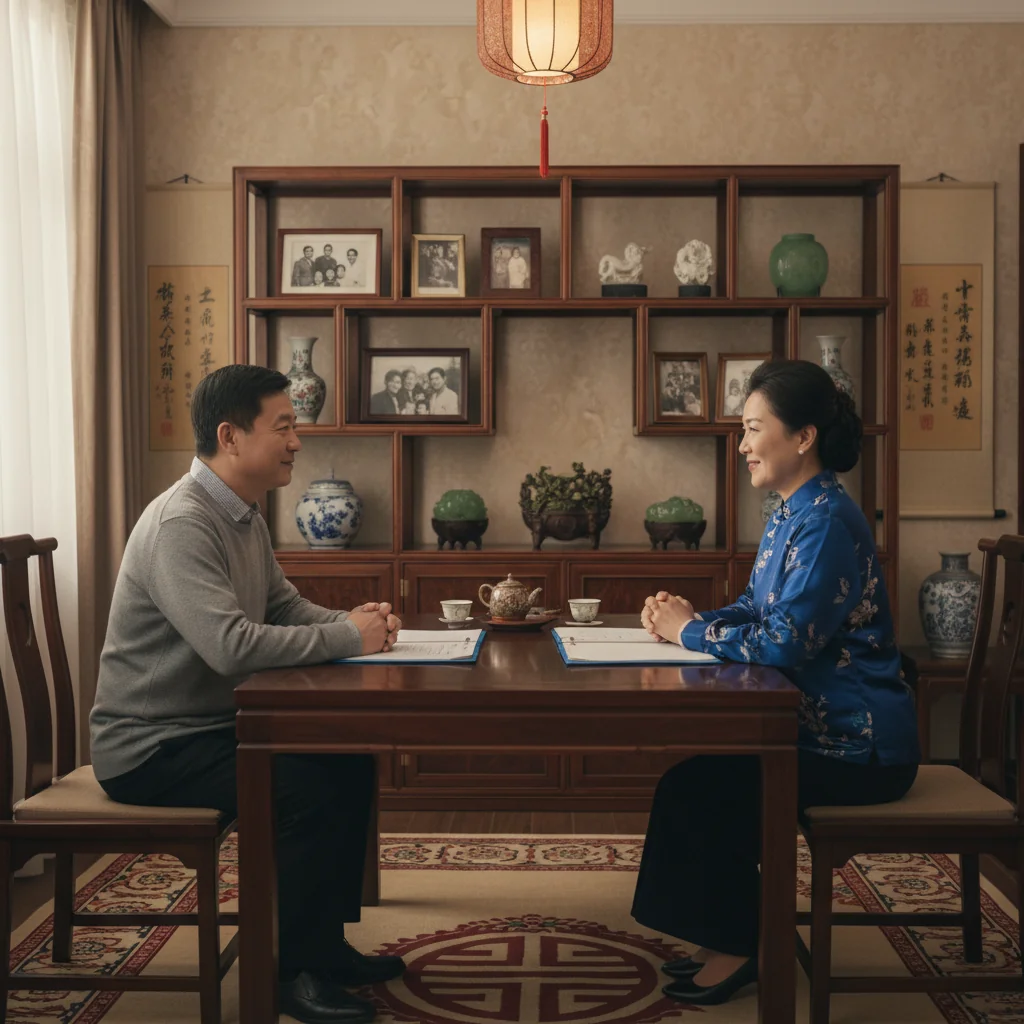 A photorealistic image of a middle-aged Chinese adult man and woman, looking relieved and content, sitting together at a wooden table in a traditional Chinese home, reviewing inheritance documents with a family heirloom vase in the background, symbolizing the peaceful transfer of family legacy.