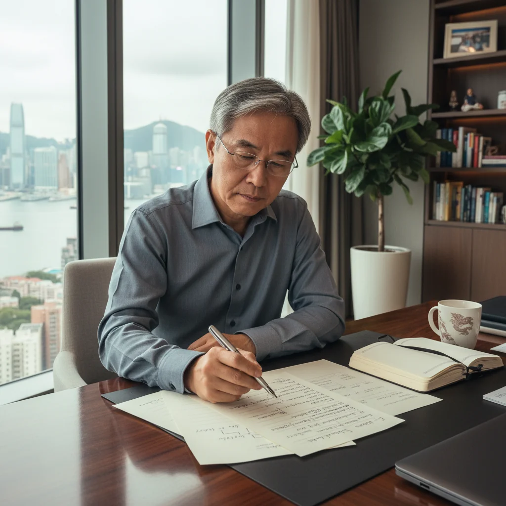 A photorealistic image of a mature adult individual thoughtfully reviewing estate planning notes at a wooden desk in a modern Hong Kong home office, with subtle city skyline view through a window, symbolizing the purpose of amending a will to secure family legacy, no children present.