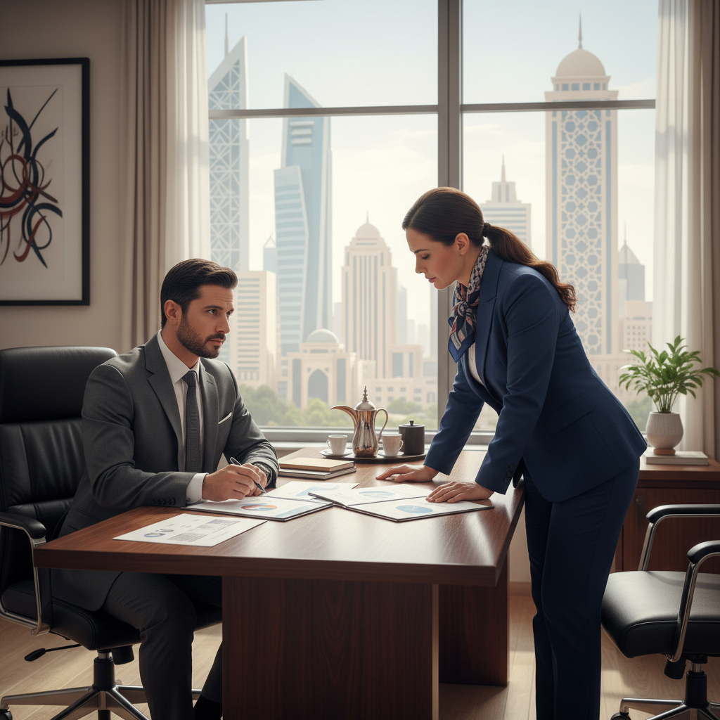 A professional scene depicting a business owner in a modern office in Saudi Arabia, reviewing commercial lease terms with a lawyer, symbolizing rights and duties in commercial eviction notices. The setting includes traditional Saudi architectural elements in the background to reflect the Kingdom context.