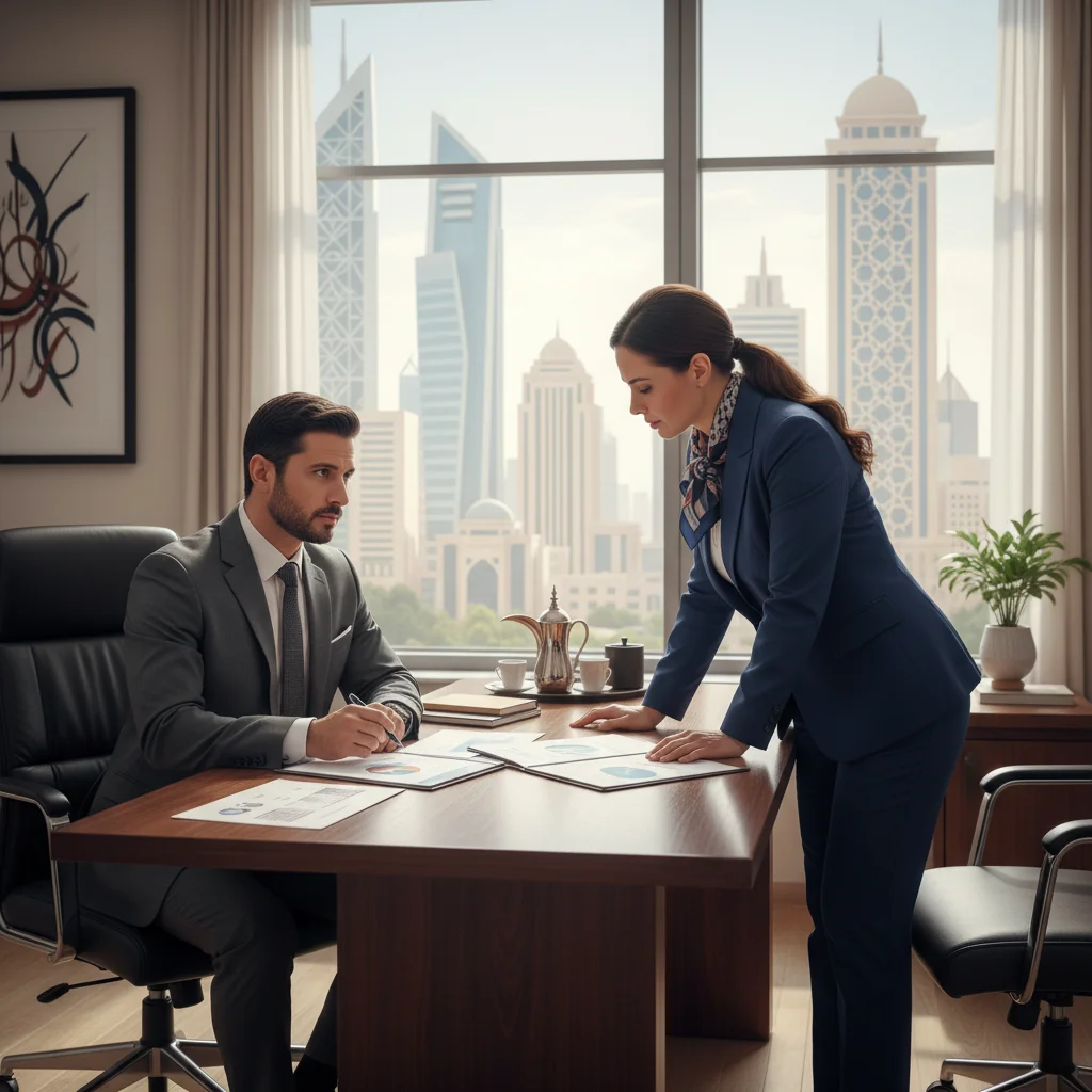 A professional scene depicting a business owner in a modern office in Saudi Arabia, reviewing commercial lease terms with a lawyer, symbolizing rights and duties in commercial eviction notices. The setting includes traditional Saudi architectural elements in the background to reflect the Kingdom context.