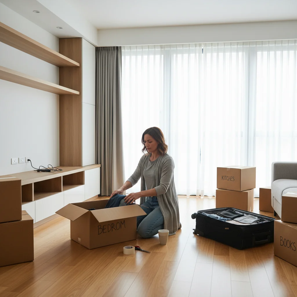 A photorealistic image of an adult tenant packing boxes in a modern apartment living room, preparing to move out, with sunlight streaming through the window, evoking a sense of transition and relocation without any legal documents visible.