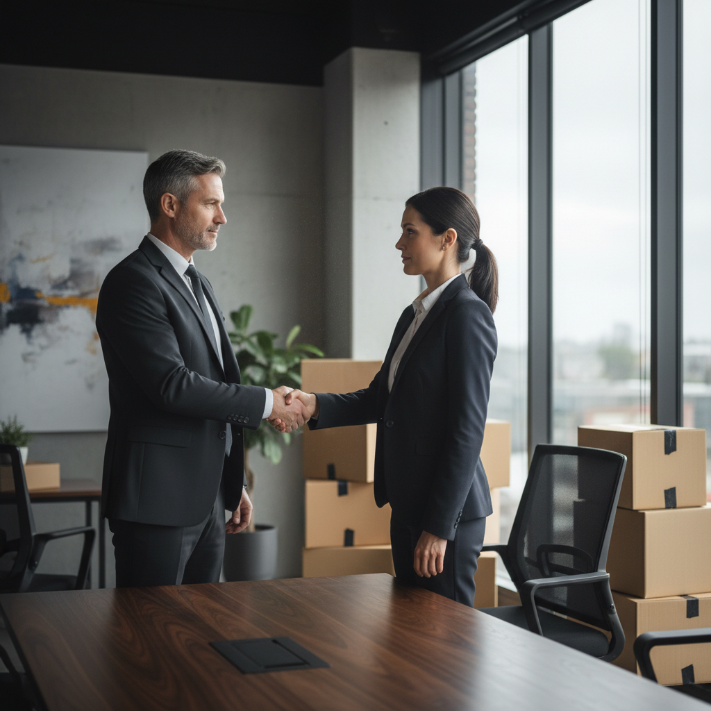 A photorealistic image of a professional business meeting in a modern commercial office space, where a landlord and a commercial tenant are shaking hands over a desk, symbolizing the end of a lease agreement, with subtle elements like packed boxes in the background representing eviction or lease termination, no legal documents visible, no children present.