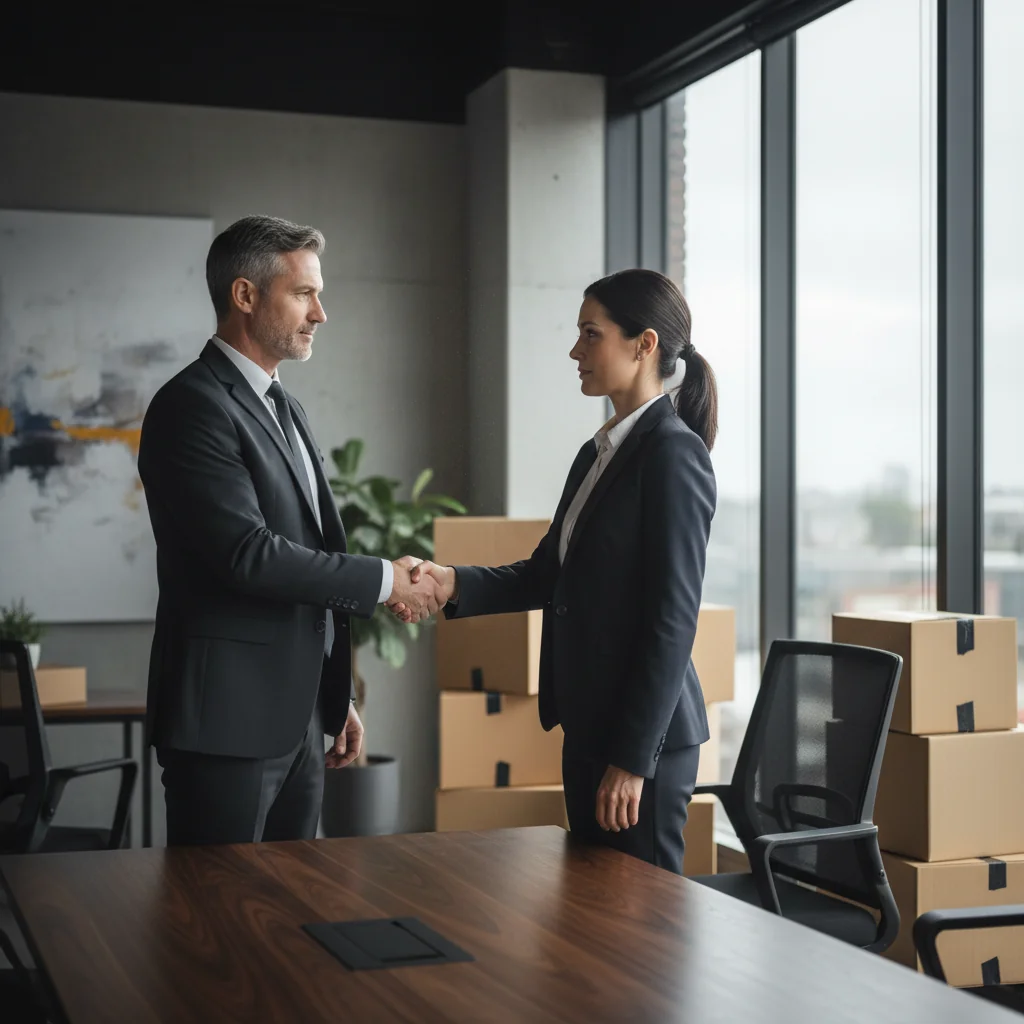 A photorealistic image of a professional business meeting in a modern commercial office space, where a landlord and a commercial tenant are shaking hands over a desk, symbolizing the end of a lease agreement, with subtle elements like packed boxes in the background representing eviction or lease termination, no legal documents visible, no children present.