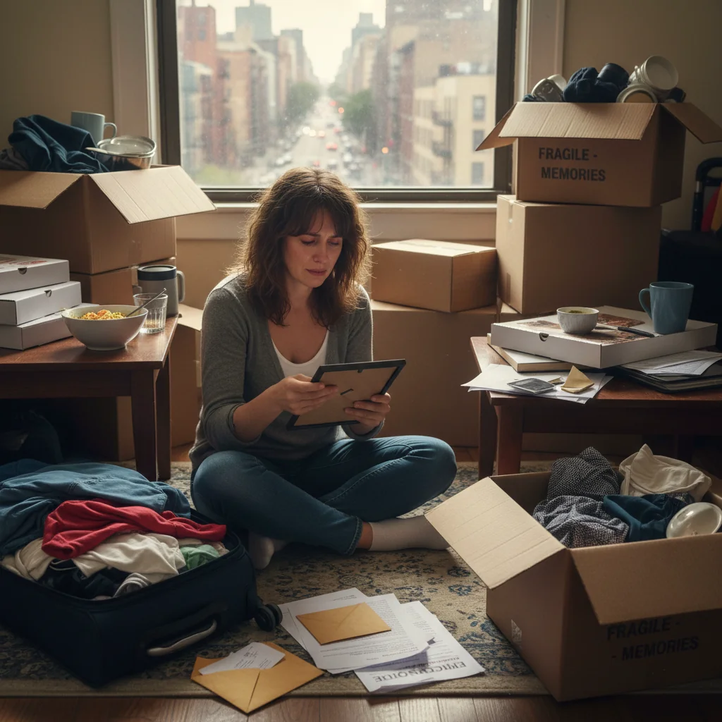 A photorealistic image depicting an adult tenant looking worried while packing boxes in a modest apartment, symbolizing the stress of receiving a late eviction notice from a landlord. The scene shows the tenant, an adult in their 30s or 40s, surrounded by household items, with a door in the background leading to the outside, evoking themes of housing instability and legal responsibilities in tenancy disputes. No children are present.