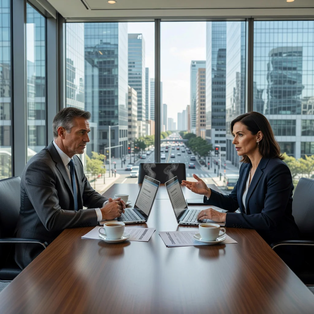 A photorealistic image of a professional business meeting in a modern office, where a commercial landlord and tenant are discussing lease terms across a table, symbolizing the notice to quit process in commercial leases, with city skyline visible through windows, conveying negotiation and business relations without showing any legal documents.