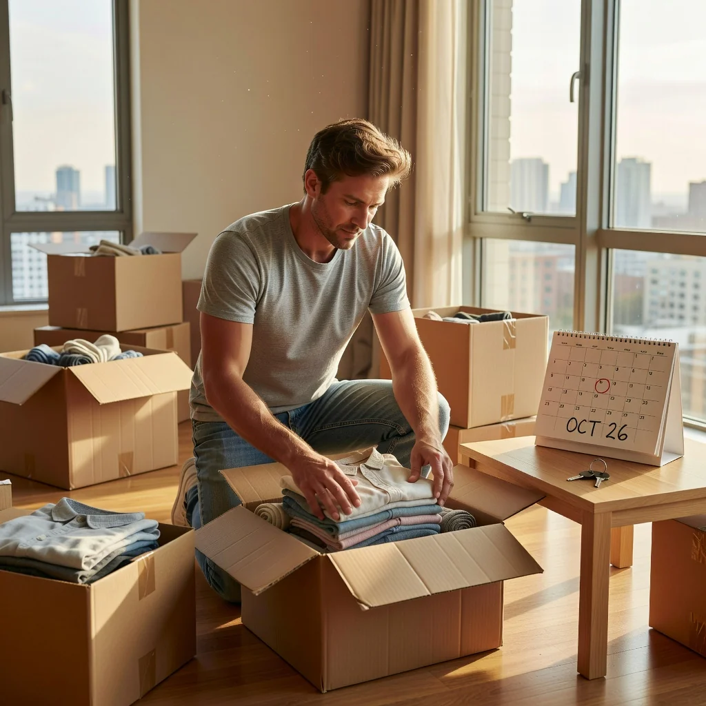 A photorealistic image of an adult tenant packing boxes in a modern apartment, symbolizing the process of moving out and ending a rental agreement, with subtle elements like a calendar or keys on a table to evoke the theme of contract termination without focusing on documents.