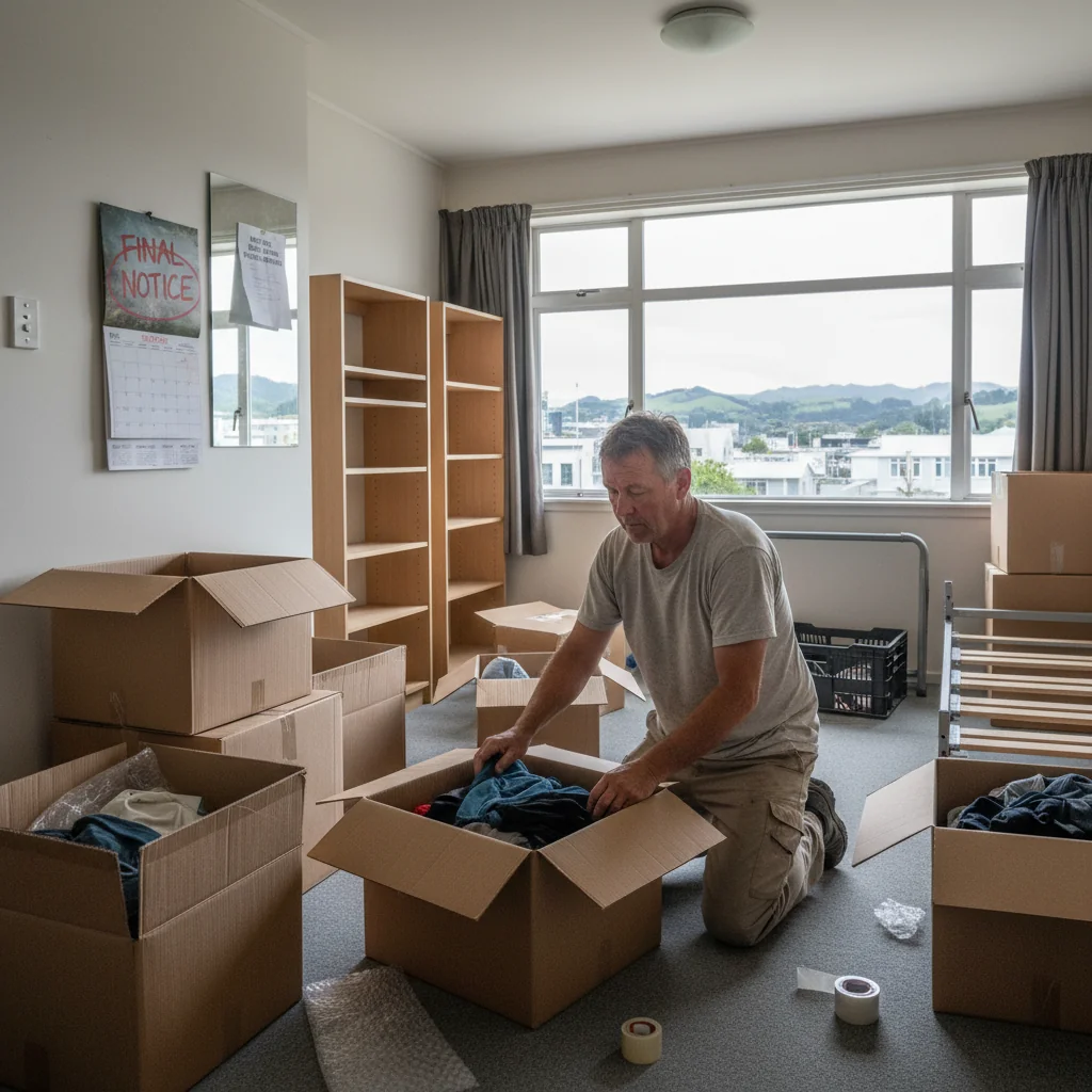 A photorealistic image of a frustrated adult tenant packing boxes in a modest New Zealand apartment, symbolizing the eviction process without focusing on legal documents.