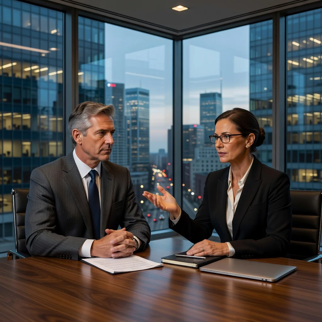 A photorealistic image of a professional business meeting in a modern commercial office space, showing two adults in business attire discussing paperwork across a desk with city skyline view through large windows, symbolizing the eviction or termination process in commercial real estate without showing any legal documents.