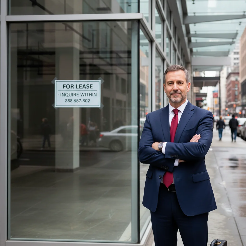A photorealistic image of a professional business owner standing confidently in front of a modern commercial storefront, symbolizing the transition or resolution in a commercial eviction process, with subtle elements like a 'For Lease' sign in the background, conveying determination and legal procedure without showing any documents.