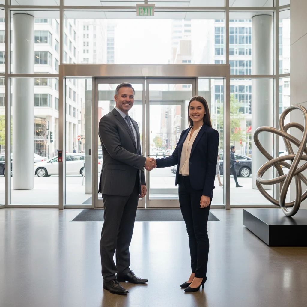 A photorealistic image depicting a professional adult landlord and tenant in a modern commercial building, shaking hands amicably after a discussion about lease terms, symbolizing the protection and fair process in commercial tenancy laws, with no children present and no legal documents visible.