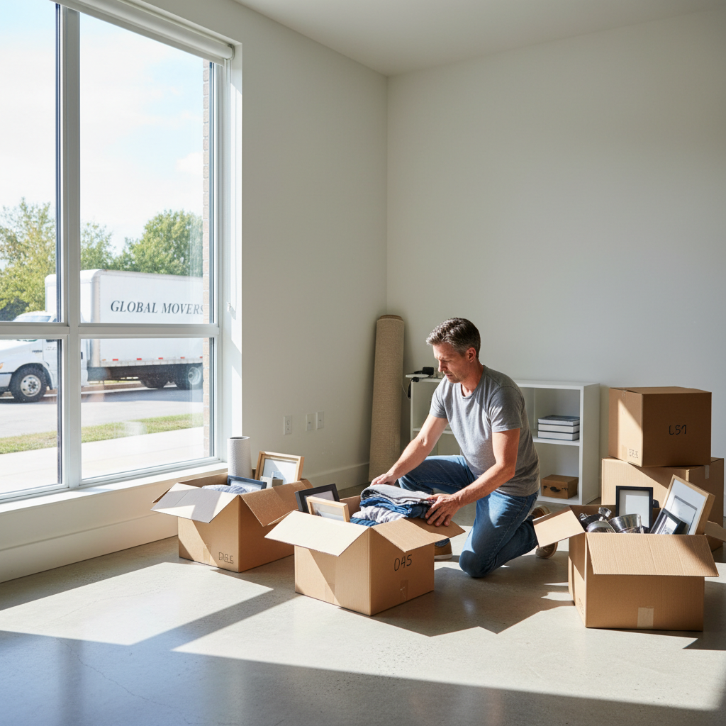 A photorealistic image depicting an adult tenant packing belongings into boxes in a modest apartment living room, with a moving truck visible through the window, symbolizing the process of eviction or leaving a rental property. The scene conveys a sense of relocation without distress, focusing on the purpose of vacating premises. No children are present in the image.