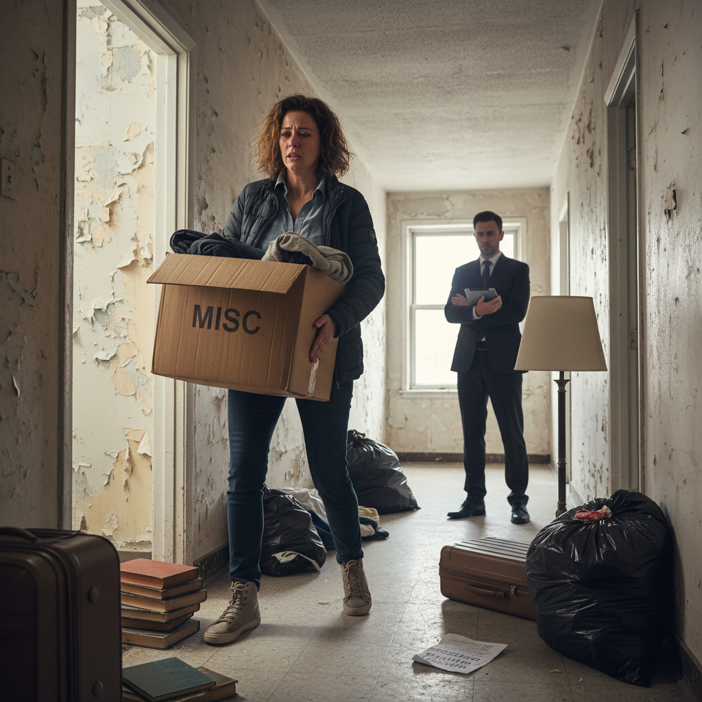 A photorealistic image depicting a tense eviction scene where an adult tenant is packing boxes and leaving an apartment building, with a landlord standing nearby, symbolizing the process of vacating premises due to a quit notice, no children present.