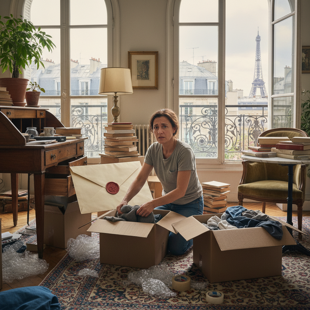 A photorealistic image depicting an adult individual looking distressed while packing personal belongings into boxes in a modest French apartment, with eviction notice elements subtly in the background like a letter on a table, symbolizing the process of leaving a residence due to a legal command in France.