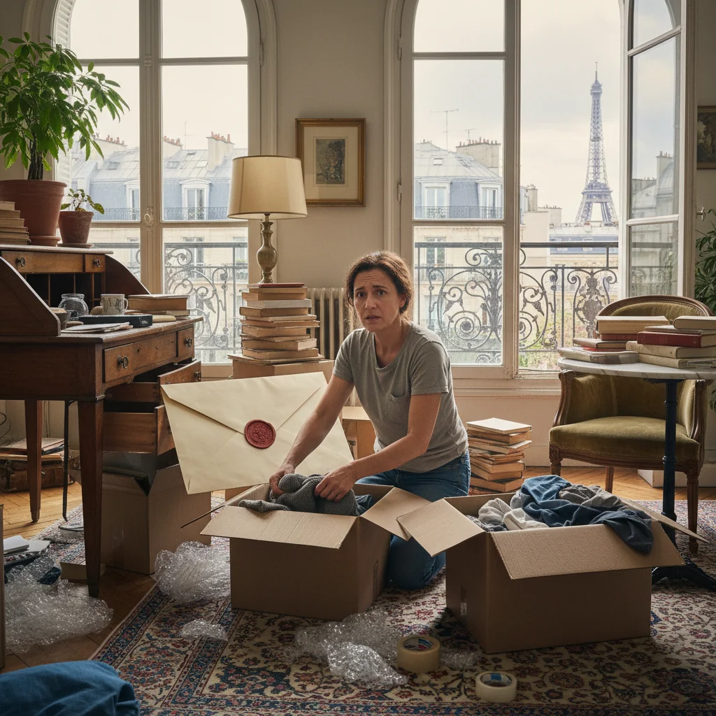 A photorealistic image depicting an adult individual looking distressed while packing personal belongings into boxes in a modest French apartment, with eviction notice elements subtly in the background like a letter on a table, symbolizing the process of leaving a residence due to a legal command in France.