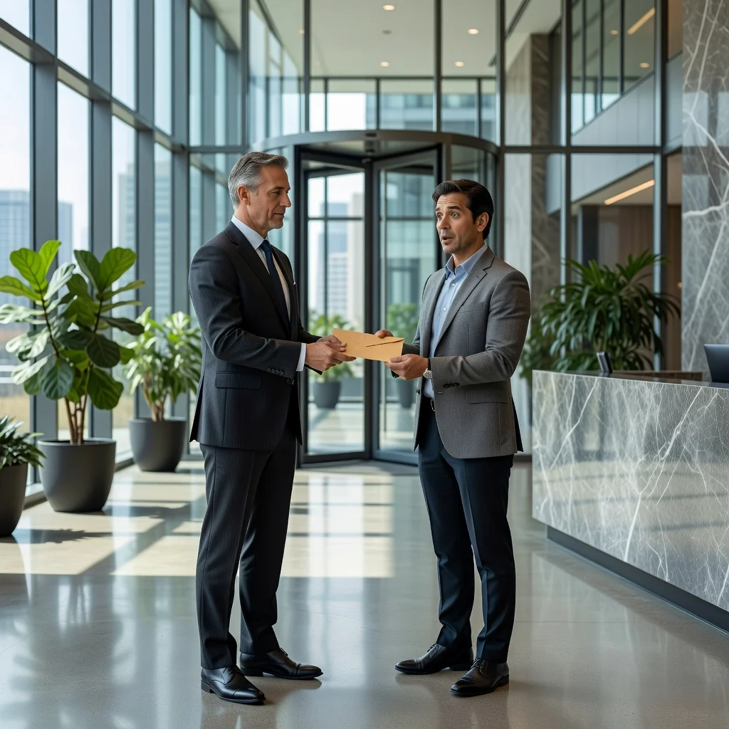 A professional business scene depicting a commercial property manager handing a formal notice to a tenant in a modern office building lobby, symbolizing the process of serving a notice to quit for commercial properties, with no legal documents visible, photorealistic style.