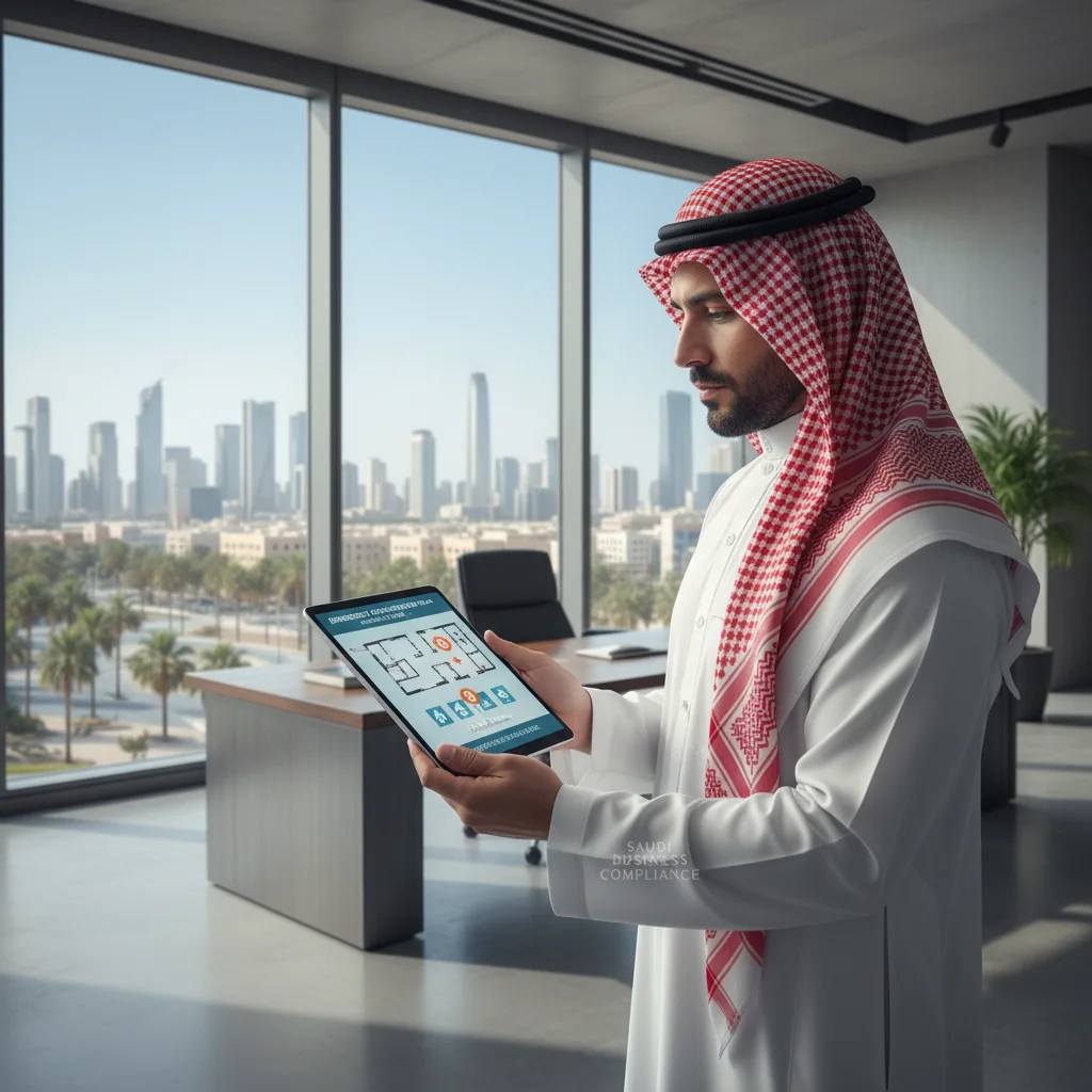 A photorealistic image representing the importance of commercial evacuation notices in Saudi Arabia, showing a modern Saudi business professional in a corporate office setting, reviewing safety evacuation plans on a digital tablet, with subtle Saudi architectural elements in the background, conveying preparedness and compliance without focusing on any legal documents.