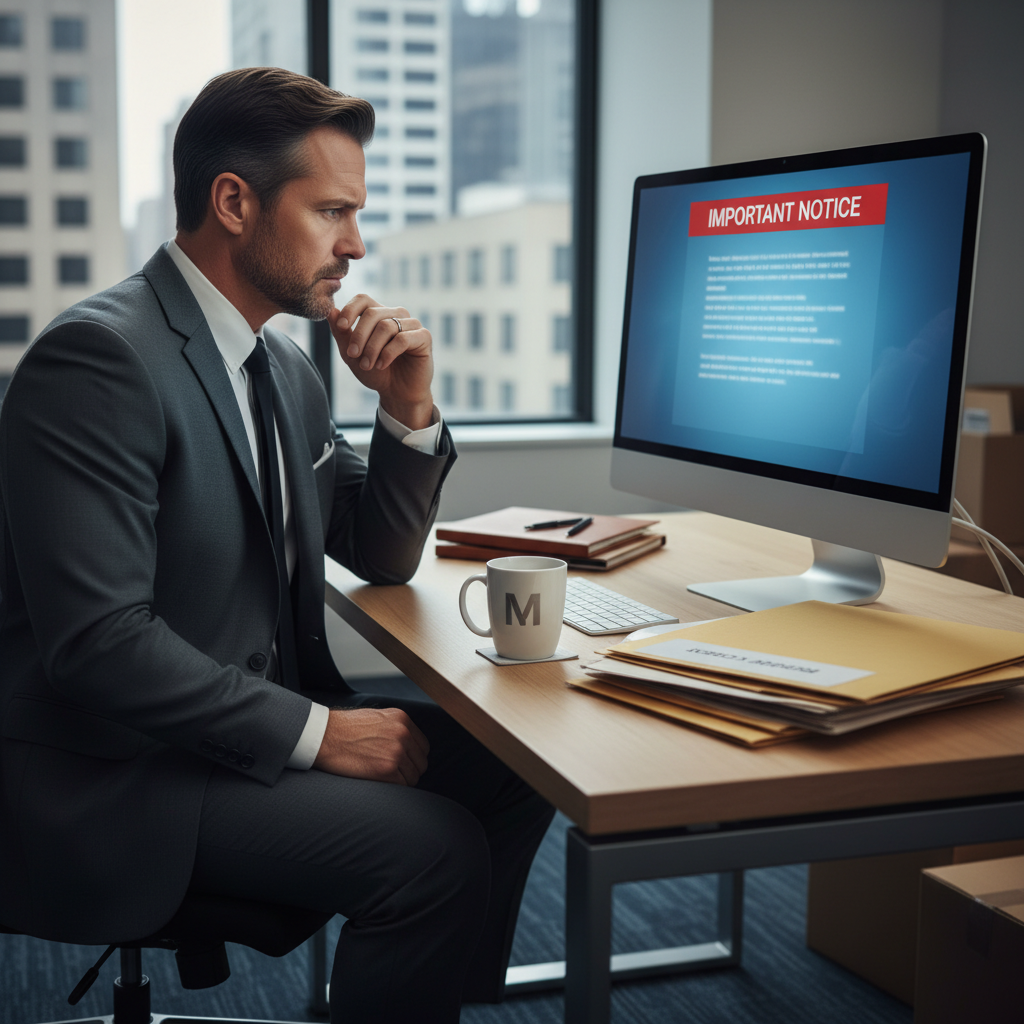 A photorealistic image representing the concept of a commercial termination notice, showing a professional adult businessperson in a modern office setting, looking thoughtful while packing personal items into a box on their desk, symbolizing the end of employment, with colleagues in the background continuing work, no legal documents visible, no children present.