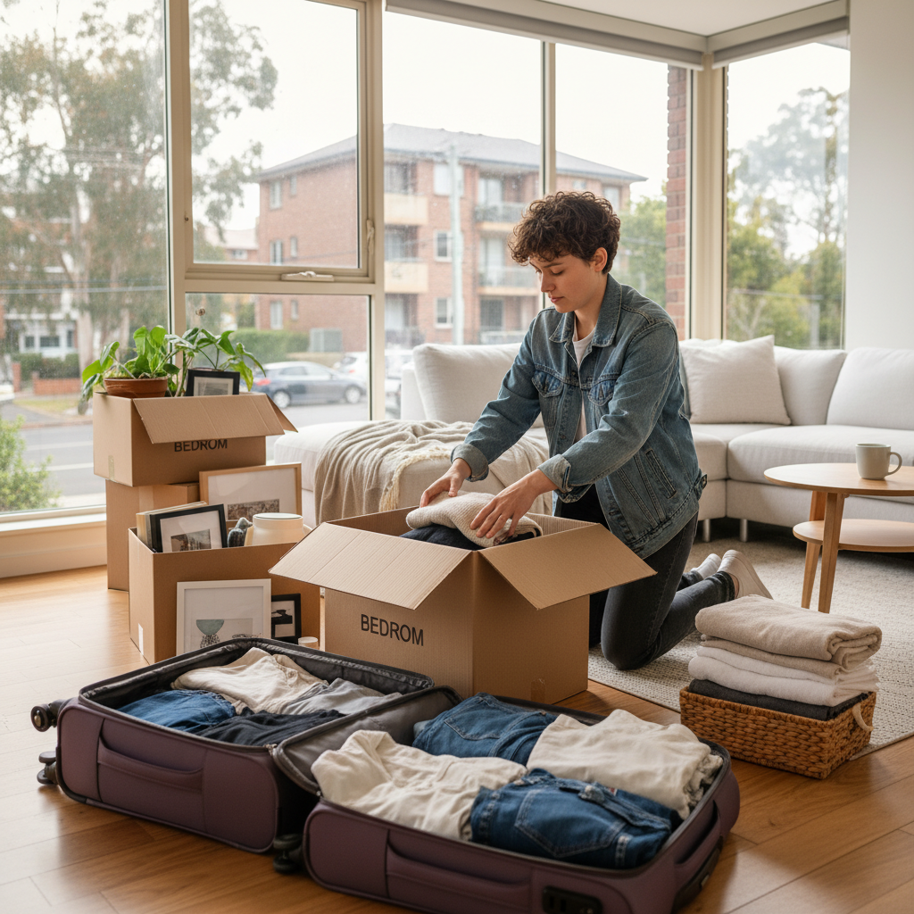A photorealistic image depicting a young adult tenant packing boxes in a modern Australian apartment, preparing to move out, with sunlight streaming through windows overlooking a cityscape, evoking the transition of vacating a rental property.