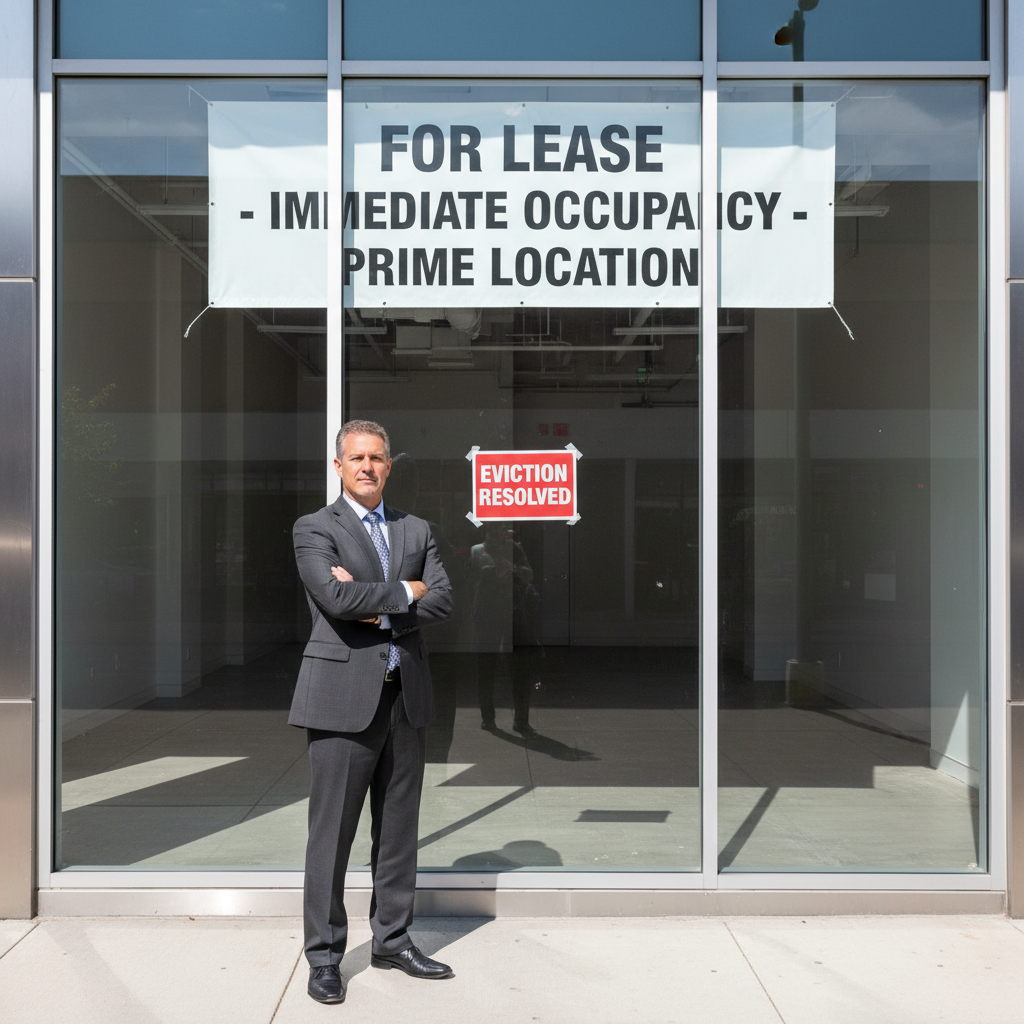 A photorealistic image of a professional business owner standing confidently in front of a modern commercial storefront with a 'For Lease' sign, symbolizing the process of commercial eviction and property transition, no children present.