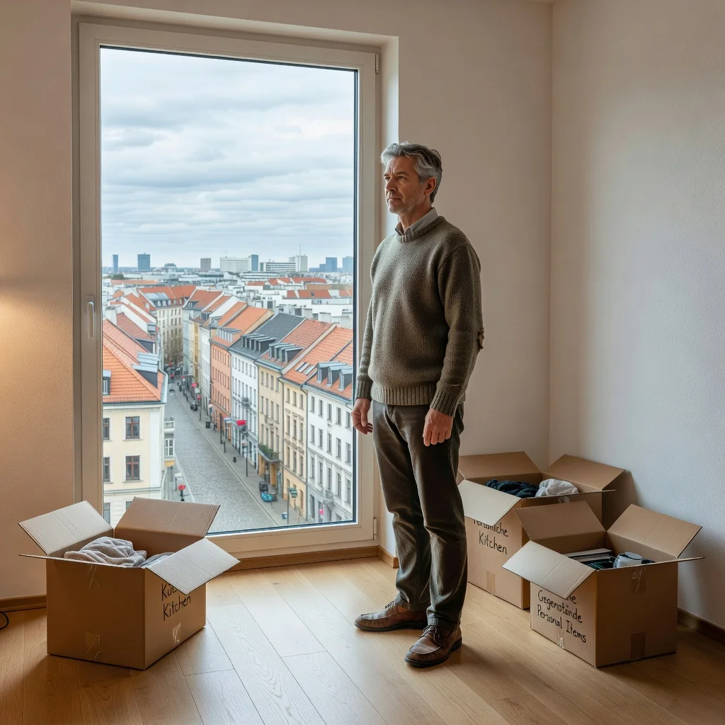A photorealistic image depicting a thoughtful adult tenant in a modern German apartment, looking out a window with a concerned expression, symbolizing the process of considering a tenancy termination. The scene includes subtle elements like a moving box in the background to evoke relocation or change, set in a realistic urban environment with no children present.