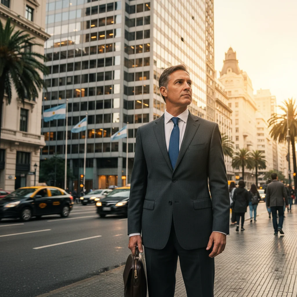 A photorealistic image of a professional business person standing outside a modern commercial building in an urban Argentine setting, looking thoughtful with a briefcase in hand, symbolizing the transition or end of a commercial lease, evoking themes of business closure or relocation without depicting any legal documents.