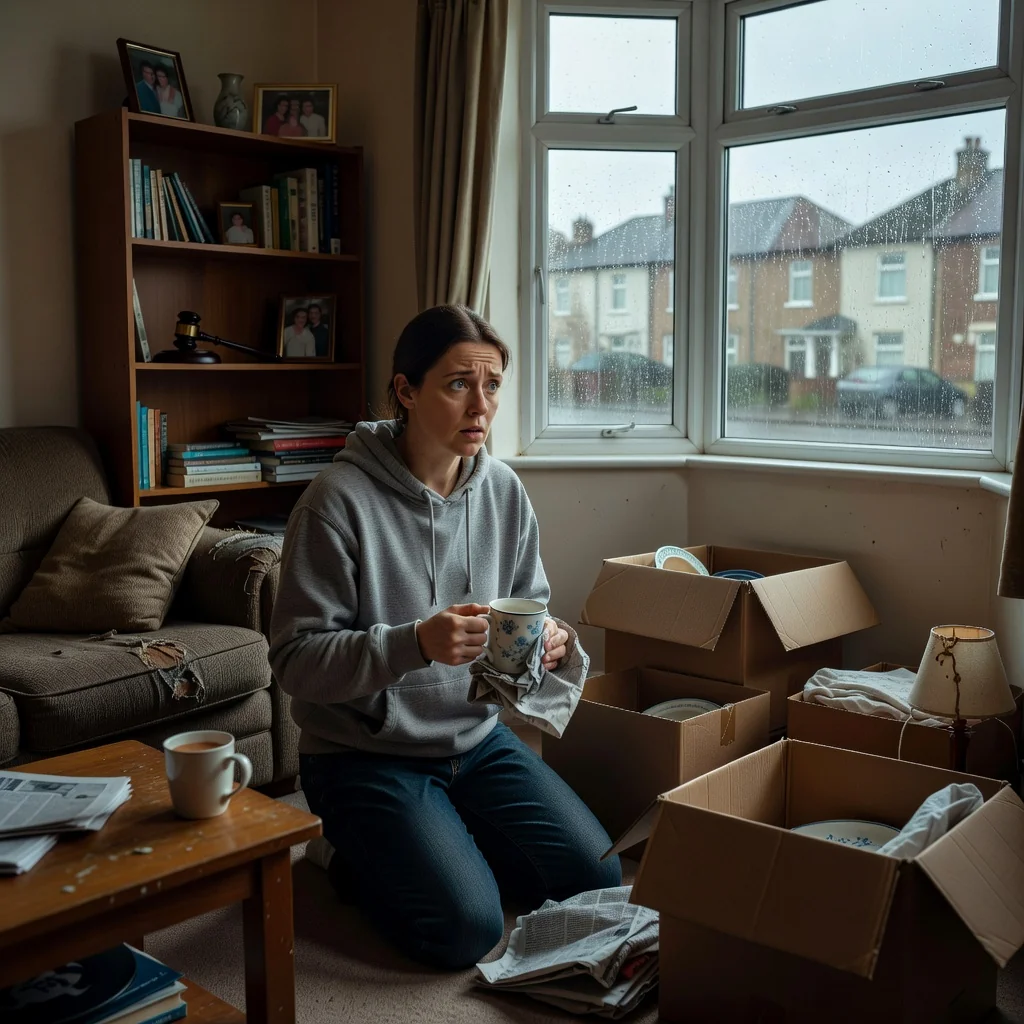 A photorealistic image symbolizing the consequences of asset forfeiture in UK law, showing an adult individual looking distressed while packing personal belongings from a modest home, with subtle hints of legal authority like a distant police vehicle, evoking themes of loss and consequence without focusing on documents.