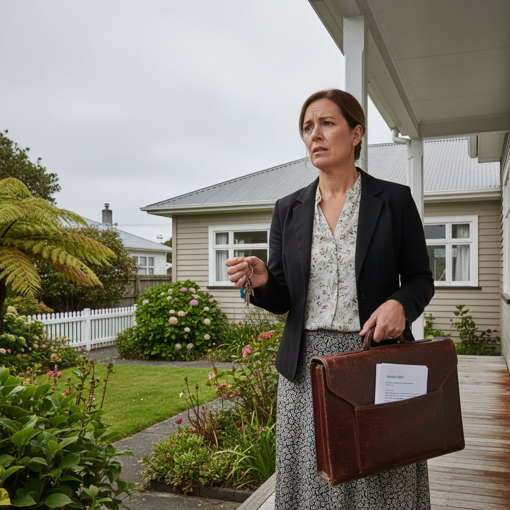 A photorealistic image of a thoughtful adult tenant standing outside a modern New Zealand suburban house, looking concerned while holding a set of keys, symbolizing the notice to quit process in a residential eviction context, with no children present.