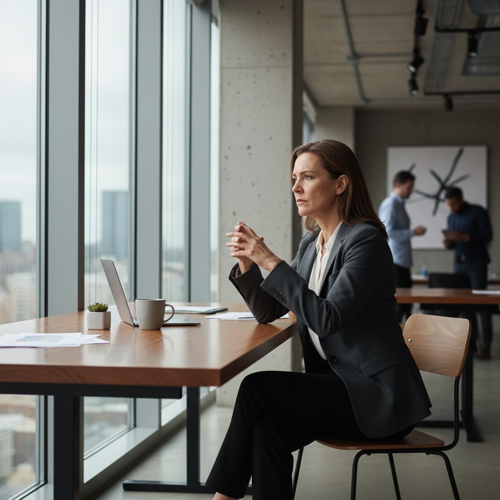 A photorealistic image of a professional adult businessperson looking thoughtful and concerned while sitting at a desk in a modern office, symbolizing the moment of receiving or contemplating a termination notice, with subtle office elements in the background but no documents visible.