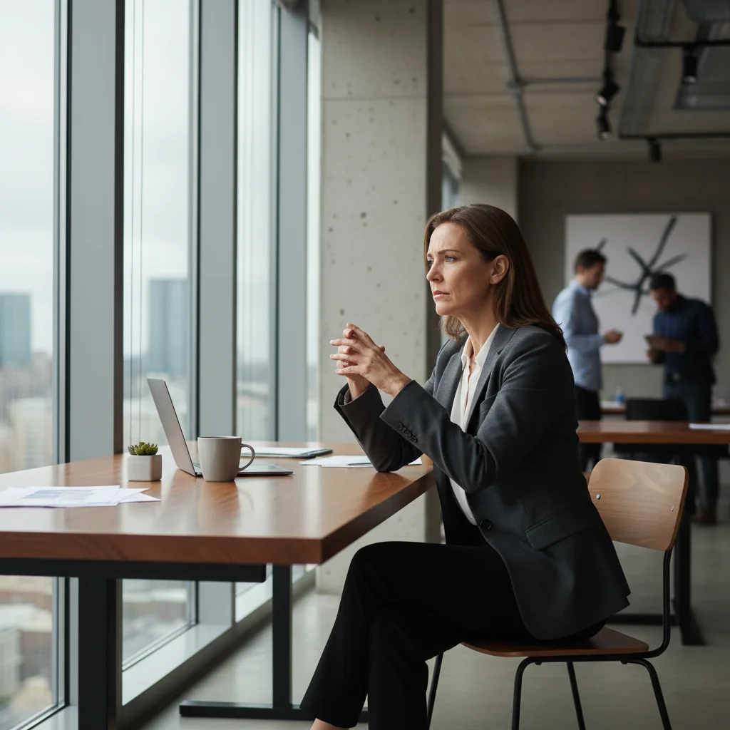 A photorealistic image of a professional adult businessperson looking thoughtful and concerned while sitting at a desk in a modern office, symbolizing the moment of receiving or contemplating a termination notice, with subtle office elements in the background but no documents visible.