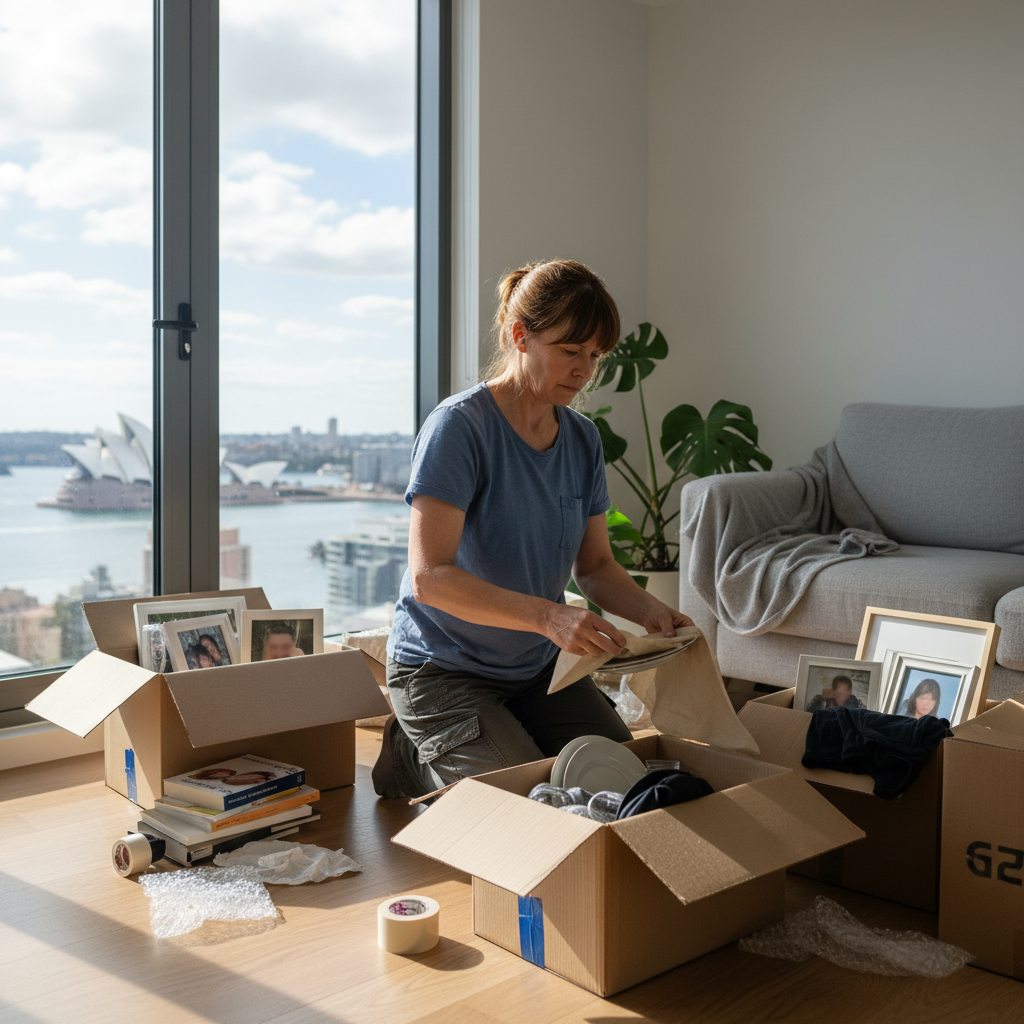A photorealistic image of an adult person packing moving boxes in a modern Australian apartment, symbolizing the process of vacating a rental property, with subtle Australian elements like a Sydney skyline view through the window, no children or legal documents visible.