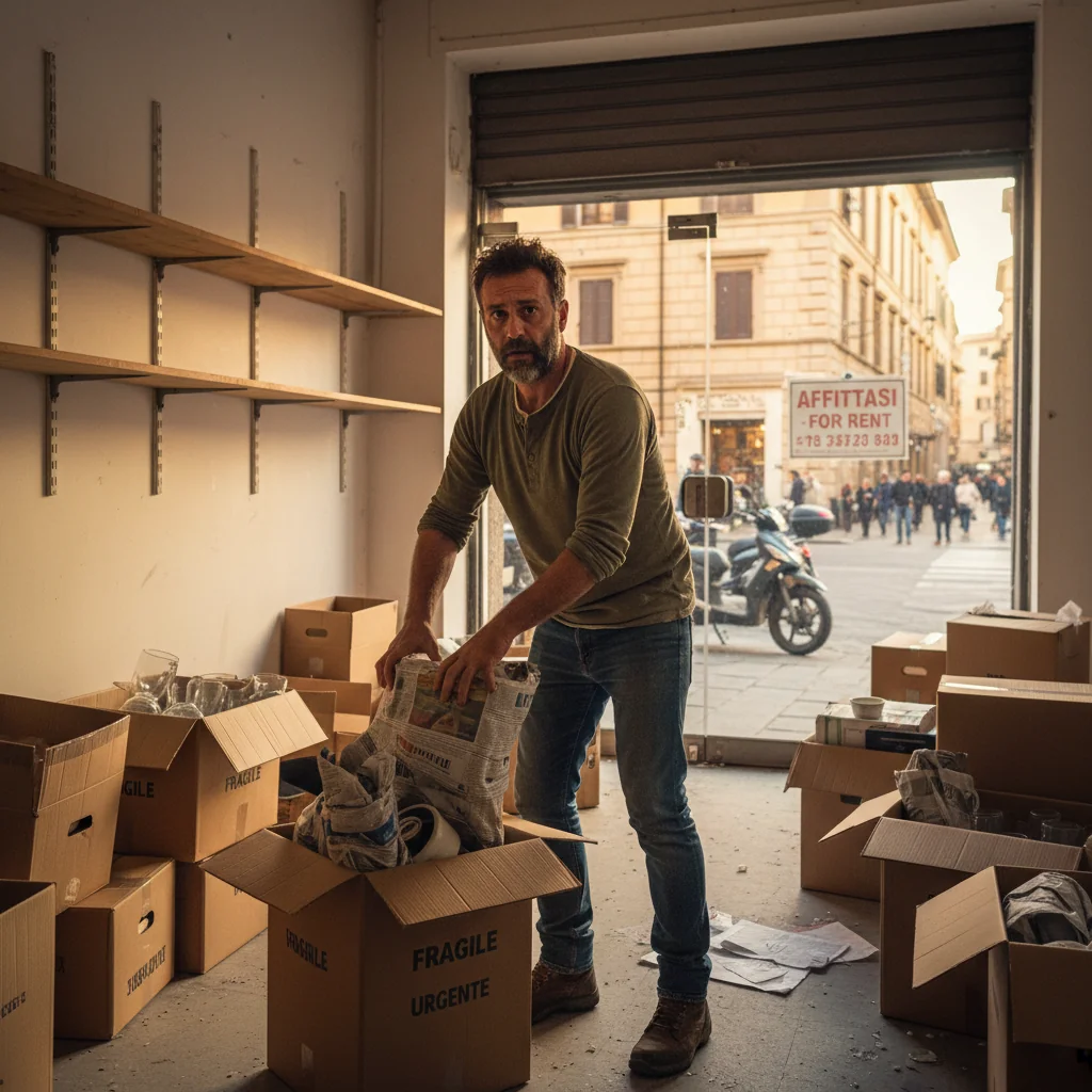 A photorealistic image depicting a tense commercial eviction scenario in Italy, showing a middle-aged business owner looking worried while packing boxes in a small empty storefront with an 'Affittasi' sign on the window, evoking the stress of commercial property lease termination without displaying any legal documents.