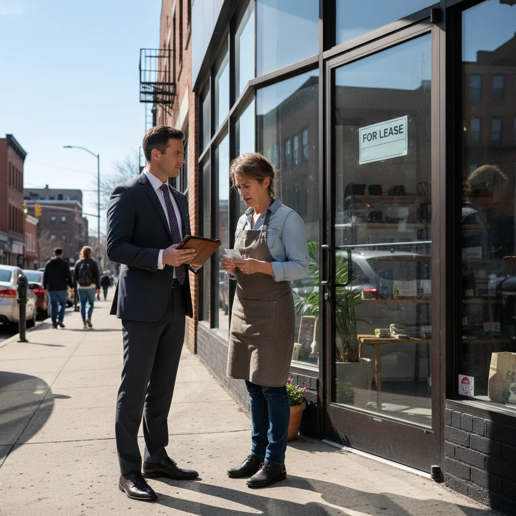 A photorealistic image depicting a tense commercial eviction scenario in a business setting, showing a professional landlord and a stressed shop owner discussing payment issues outside a small retail store with a 'For Lease' sign, conveying the seriousness of lease default without focusing on documents or children.