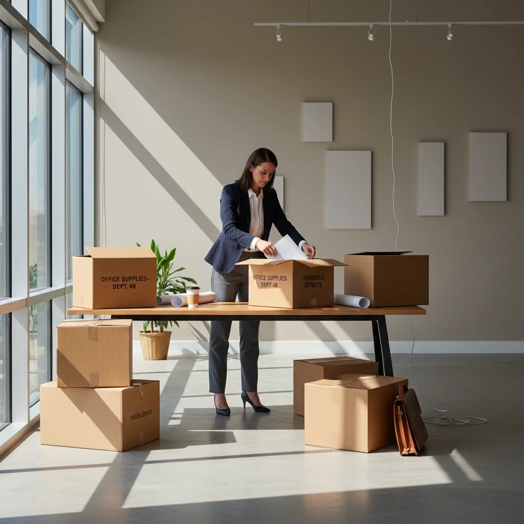 A photorealistic image depicting a professional business scenario related to a commercial tenant vacating a property, such as a business owner packing boxes in an empty office space or handing over keys to a landlord, conveying a sense of transition and closure in a commercial lease.