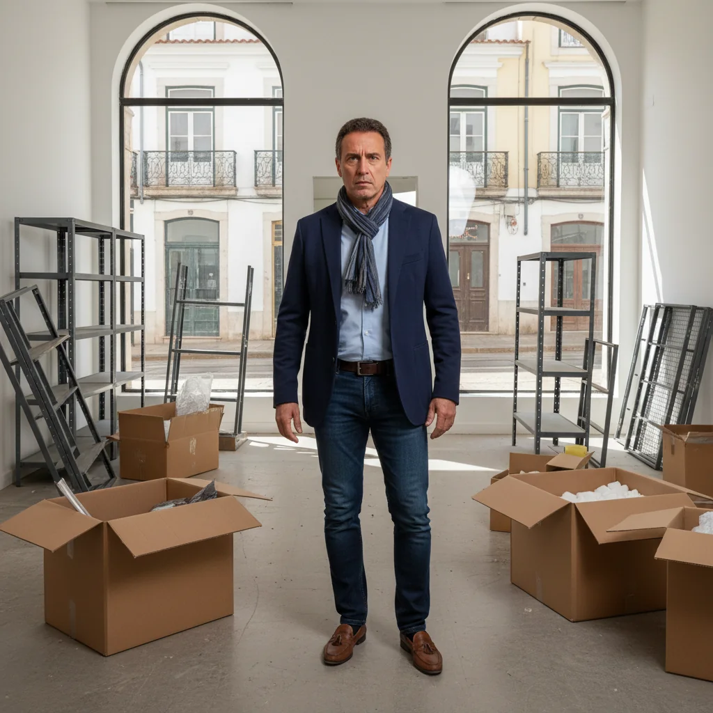 A photorealistic image of a professional adult business owner looking concerned while packing boxes in an empty commercial storefront in Portugal, with subtle Portuguese architectural elements in the background, symbolizing the eviction process without showing any legal documents.
