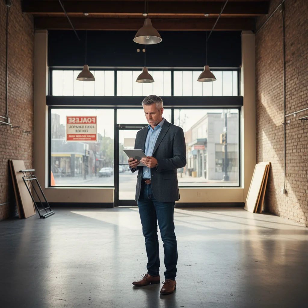 A photorealistic image of a professional adult business owner in a modern commercial space, looking concerned while reviewing paperwork related to eviction notice, symbolizing rights and obligations in commercial lease disputes. The scene conveys tension and legal contemplation without showing any legal documents directly.