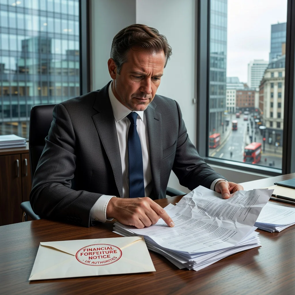A photorealistic image of a concerned adult professional in a modern UK office setting, looking stressed while reviewing financial documents on a desk, with subtle elements like a red notice or envelope in the background representing a forfeiture notice, evoking themes of legal and financial challenges without showing any actual documents or children.