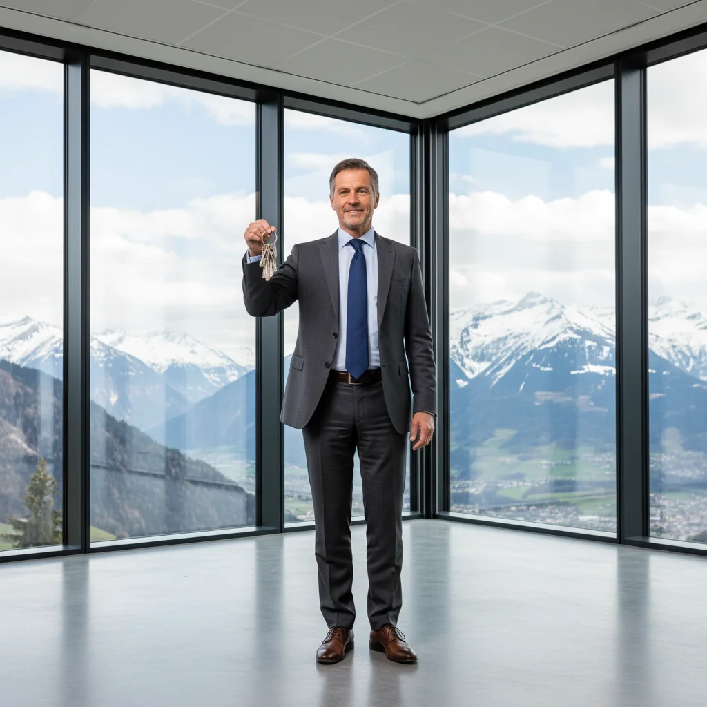A photorealistic image of a professional business owner or entrepreneur in a modern office space in Switzerland, looking relieved and empowered as they decide to terminate their commercial lease, with Swiss Alps visible through a large window in the background, conveying a sense of freedom and new beginnings in a business context.